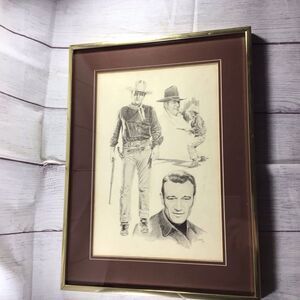 Vintage 1975 Glen Base John Wayne Pencil Sketch Art Framed